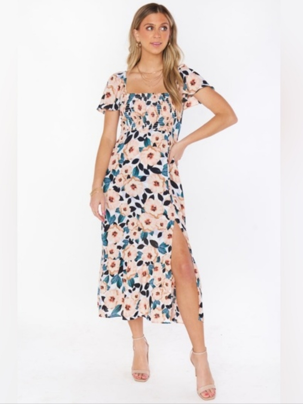 Show Me Your MuMu Brenda Midi Dress Steel Magnolia Floral Pink Smocked Size S